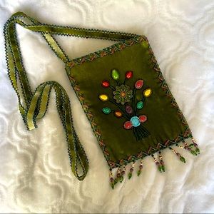Purse Boho...green velvet with beads